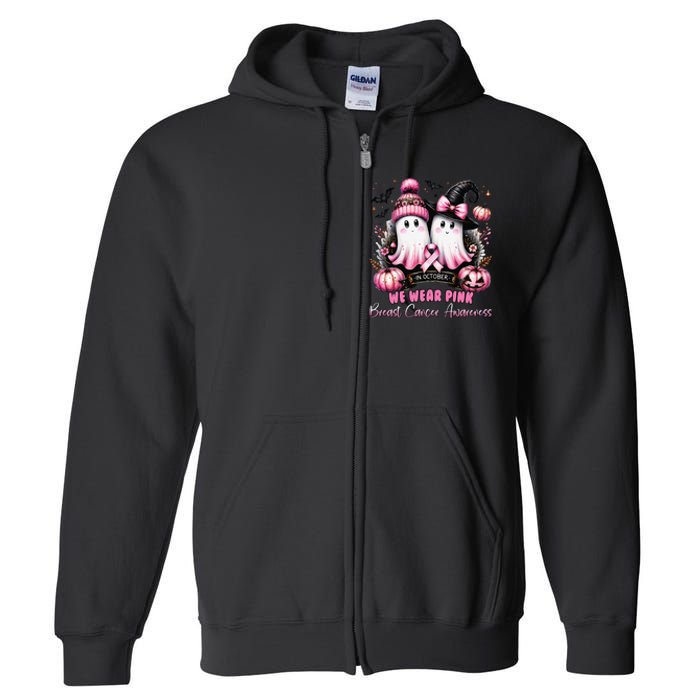 In October We Wear P.Ink Ghost Witch Breast Cancer Awareness Gift Full Zip Hoodie