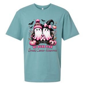 In October We Wear P.Ink Ghost Witch Breast Cancer Awareness Gift Sueded Cloud Jersey T-Shirt