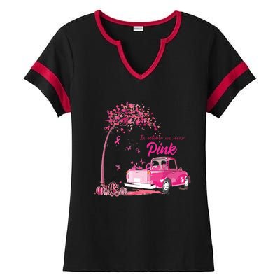 In October We Wear Pink Truck Breast Cancer Awareness Gifts Ladies Halftime Notch Neck Tee