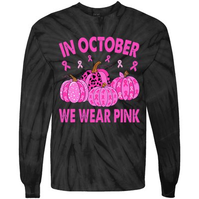 In October We Wear Pink Breast Cancer Halloween Pumpkin Tie-Dye Long Sleeve Shirt