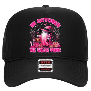 In October We Wear P.Ink Ghost Witch Breast Cancer Awareness Gift High Crown Mesh Back Trucker Hat