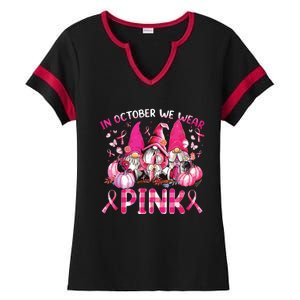 In October We Wear Pink Gnomes Breast Cancer Funny Halloween Ladies Halftime Notch Neck Tee