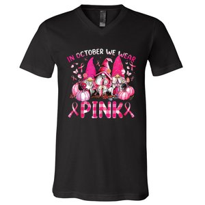 In October We Wear Pink Gnomes Breast Cancer Funny Halloween V-Neck T-Shirt