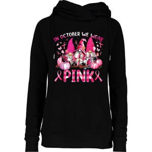 In October We Wear Pink Gnomes Breast Cancer Funny Halloween Womens Funnel Neck Pullover Hood