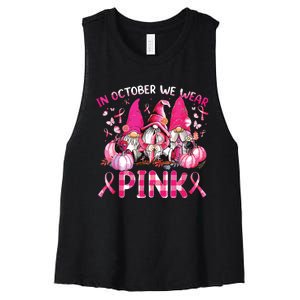 In October We Wear Pink Gnomes Breast Cancer Funny Halloween Women's Racerback Cropped Tank