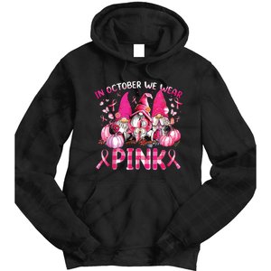 In October We Wear Pink Gnomes Breast Cancer Funny Halloween Tie Dye Hoodie