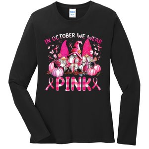 In October We Wear Pink Gnomes Breast Cancer Funny Halloween Ladies Long Sleeve Shirt