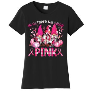 In October We Wear Pink Gnomes Breast Cancer Funny Halloween Women's T-Shirt