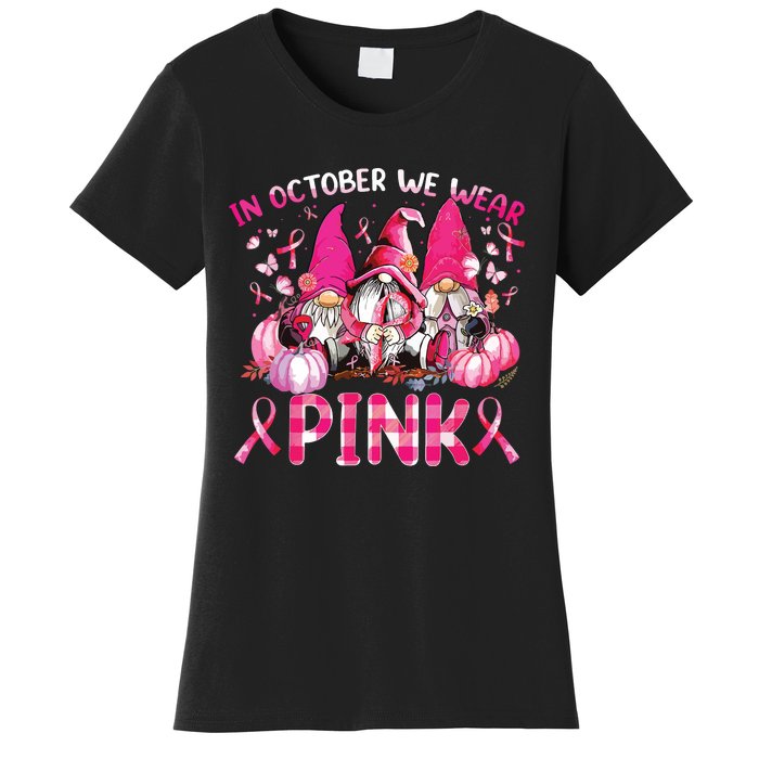 In October We Wear Pink Gnomes Breast Cancer Funny Halloween Women's T-Shirt