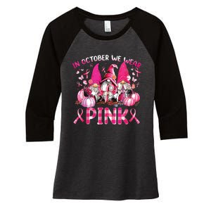 In October We Wear Pink Gnomes Breast Cancer Funny Halloween Women's Tri-Blend 3/4-Sleeve Raglan Shirt