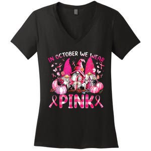 In October We Wear Pink Gnomes Breast Cancer Funny Halloween Women's V-Neck T-Shirt