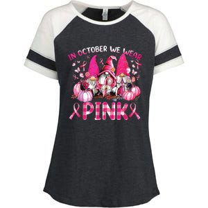 In October We Wear Pink Gnomes Breast Cancer Funny Halloween Enza Ladies Jersey Colorblock Tee