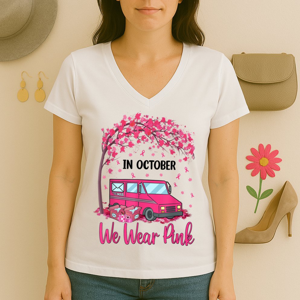 In October We Wear Pink Mail Carrier Postal Workers Women's V-Neck T-Shirt