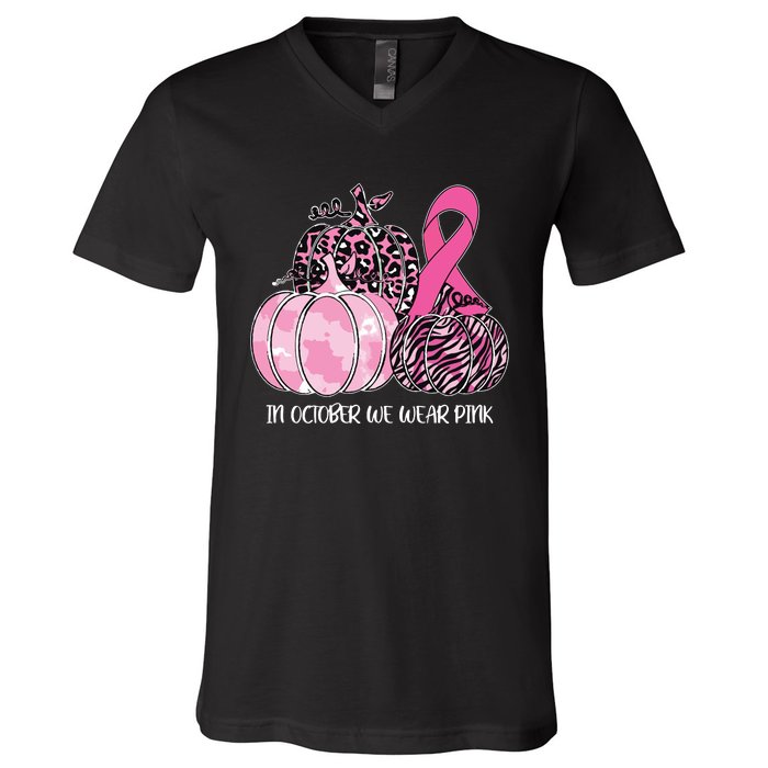 In October We Wear Pink Ribbon Pumpkin Breast Cancer V-Neck T-Shirt