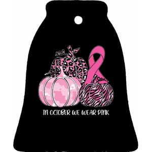 In October We Wear Pink Ribbon Pumpkin Breast Cancer Ceramic Bell Ornament