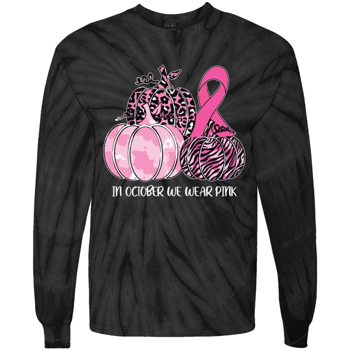 In October We Wear Pink Ribbon Pumpkin Breast Cancer Tie-Dye Long Sleeve Shirt