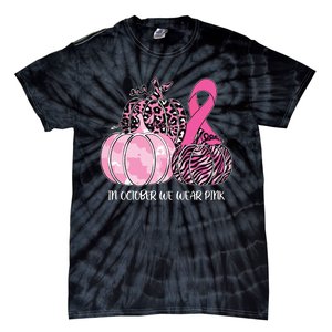 In October We Wear Pink Ribbon Pumpkin Breast Cancer Tie-Dye T-Shirt