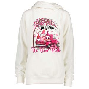 In October We Wear Pink Gnomes Truck Breast Cancer Womens Funnel Neck Pullover Hood