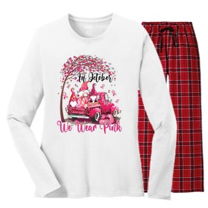 In October We Wear Pink Gnomes Truck Breast Cancer Women's Long Sleeve Flannel Pajama Set 