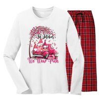 In October We Wear Pink Gnomes Truck Breast Cancer Women's Long Sleeve Flannel Pajama Set 