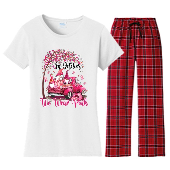 In October We Wear Pink Gnomes Truck Breast Cancer Women's Flannel Pajama Set