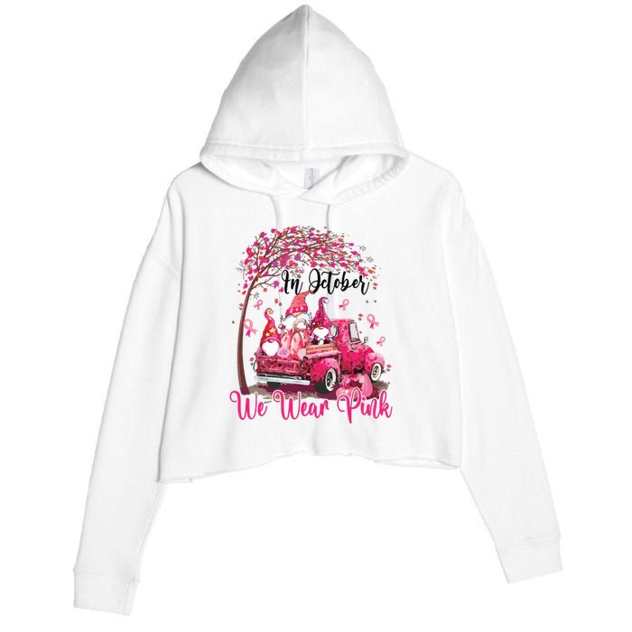 In October We Wear Pink Gnomes Truck Breast Cancer Crop Fleece Hoodie