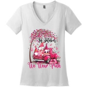 In October We Wear Pink Gnomes Truck Breast Cancer Women's V-Neck T-Shirt