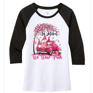 In October We Wear Pink Gnomes Truck Breast Cancer Women's Tri-Blend 3/4-Sleeve Raglan Shirt