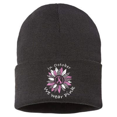 In October We Wear Pink Sunflower Breast Cancer Awareness Sustainable Knit Beanie