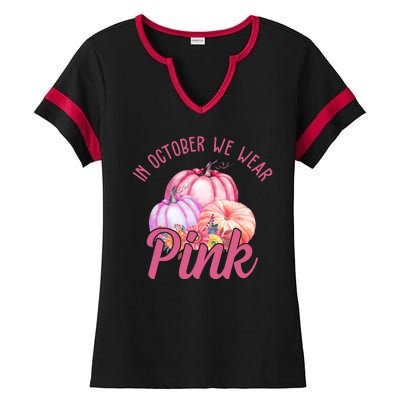 In October We Wear Pink Pumpkin Patch Breast Cancer Ladies Halftime Notch Neck Tee