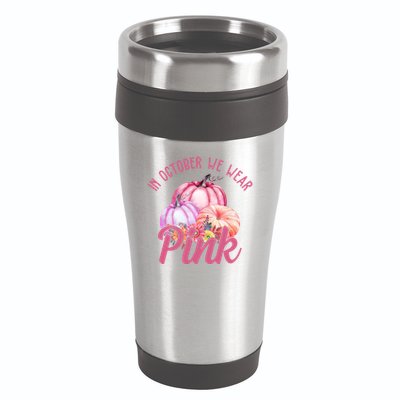 In October We Wear Pink Pumpkin Patch Breast Cancer 16oz Travel Tumbler