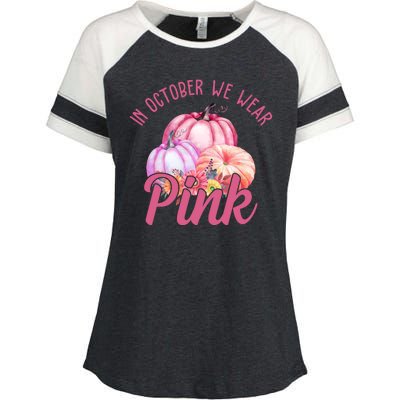 In October We Wear Pink Pumpkin Patch Breast Cancer Enza Ladies Jersey Colorblock Tee