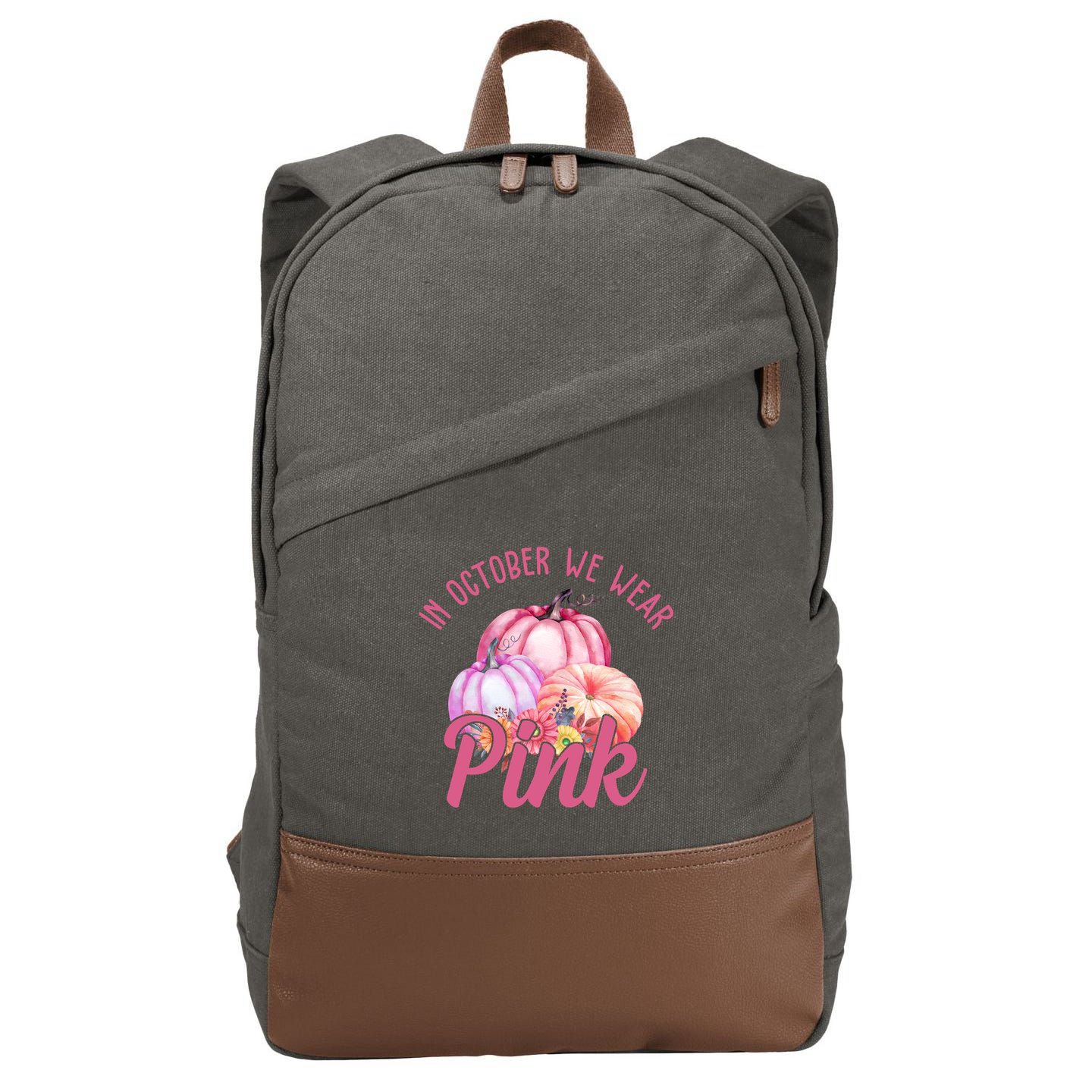 In October We Wear Pink Pumpkin Patch Breast Cancer Cotton Canvas Backpack