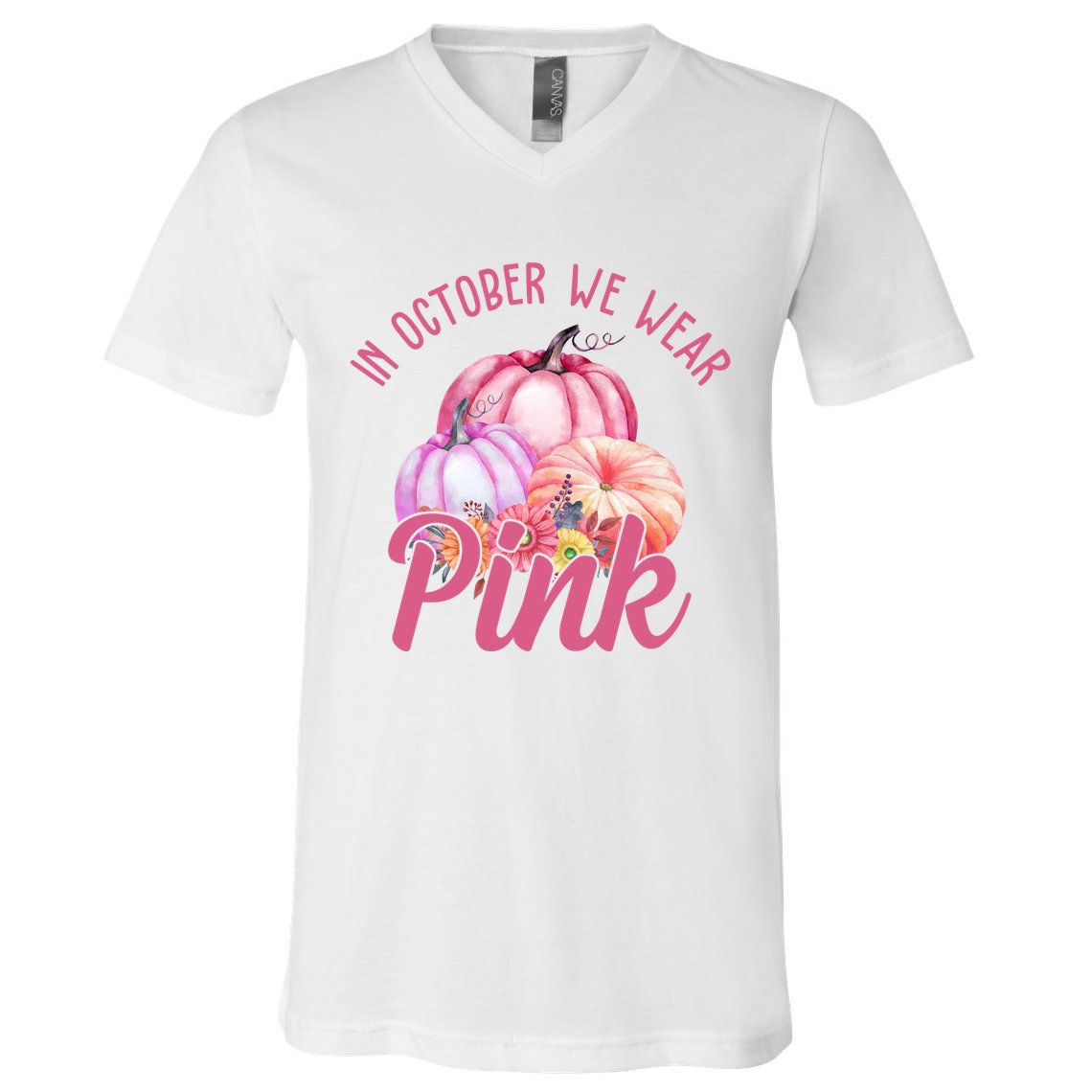 In October We Wear Pink Pumpkin Patch Breast Cancer V-Neck T-Shirt