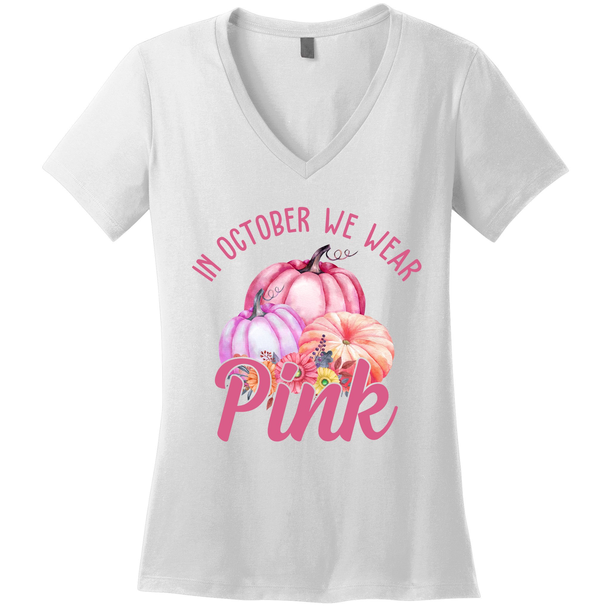 In October We Wear Pink Pumpkin Patch Breast Cancer Women's V-Neck T-Shirt