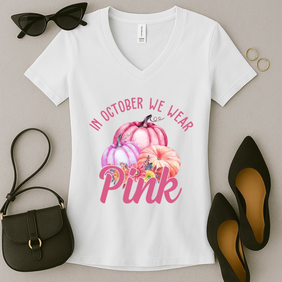 In October We Wear Pink Pumpkin Patch Breast Cancer Women's V-Neck T-Shirt
