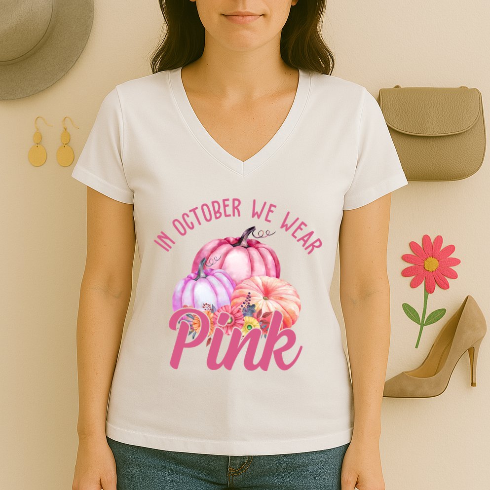 In October We Wear Pink Pumpkin Patch Breast Cancer Women's V-Neck T-Shirt