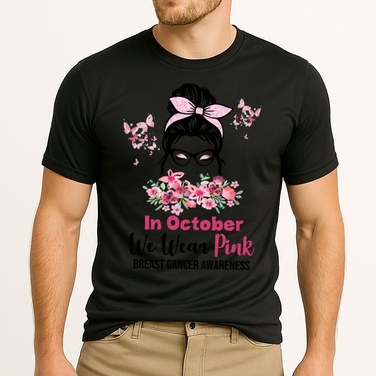 In October We Wear Pink Breast Cancer Messy Bun Floral Cooling Performance Crew T-Shirt