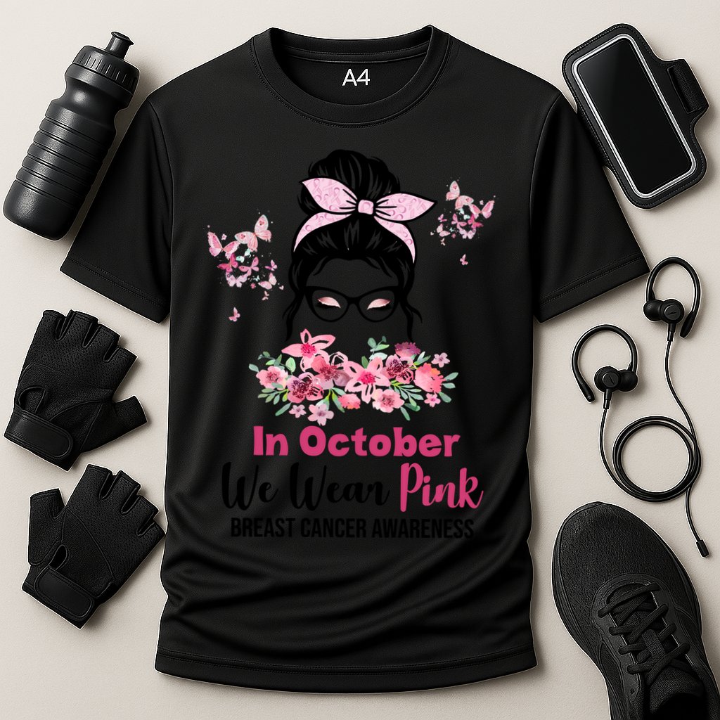 In October We Wear Pink Breast Cancer Messy Bun Floral Cooling Performance Crew T-Shirt