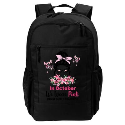 In October We Wear Pink Breast Cancer Messy Bun Floral Backpack