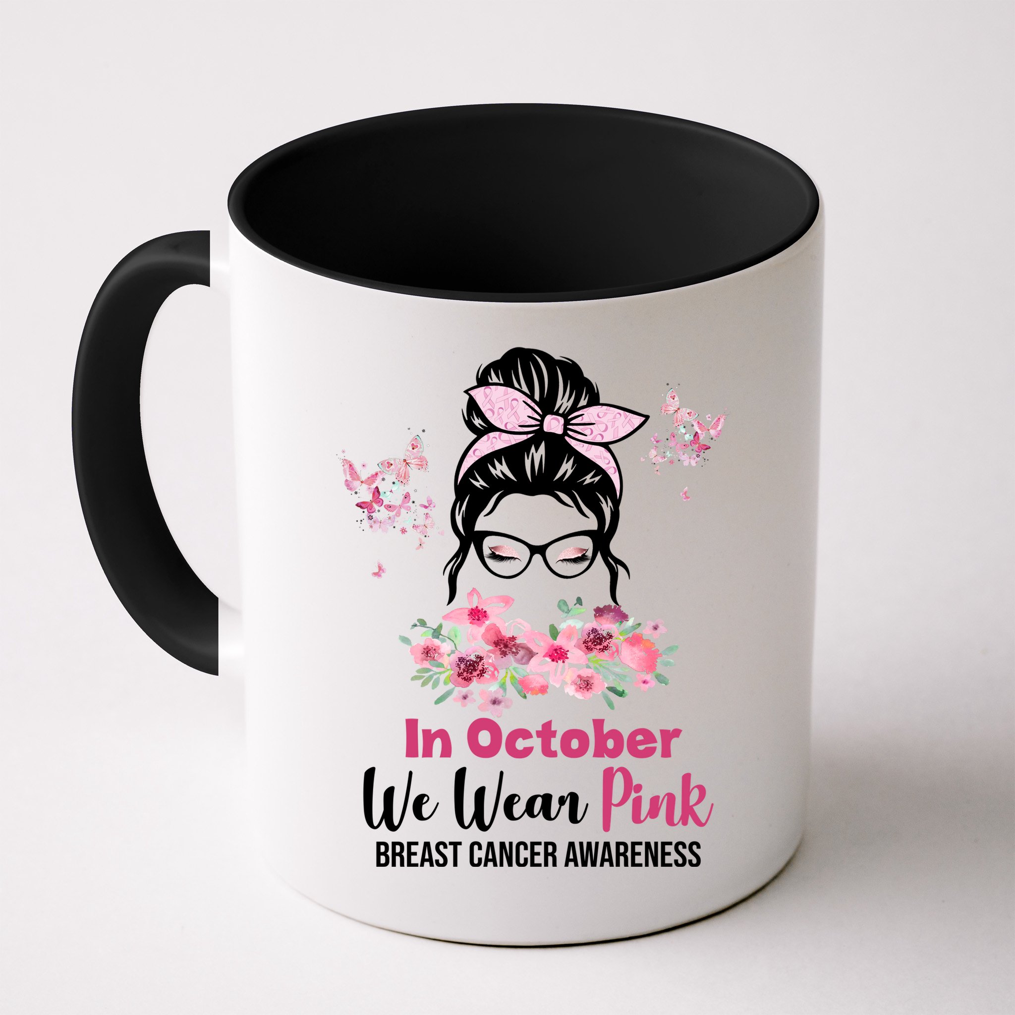 In October We Wear Pink Breast Cancer Messy Bun Floral Mug