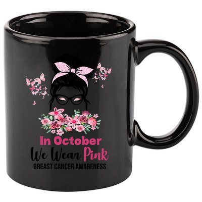 In October We Wear Pink Breast Cancer Messy Bun Floral 11oz C Handle Ceramic Mug