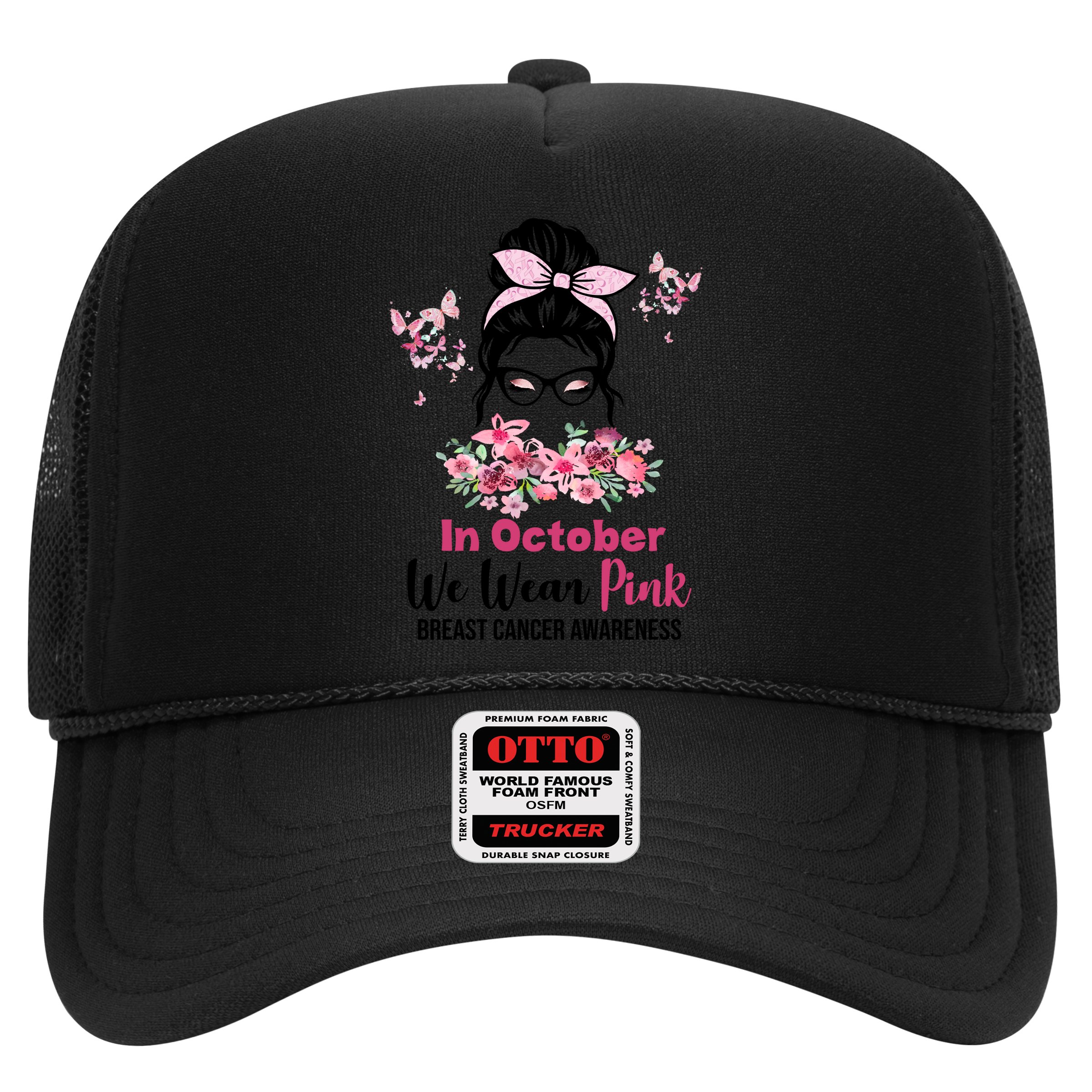 In October We Wear Pink Breast Cancer Messy Bun Floral Hat