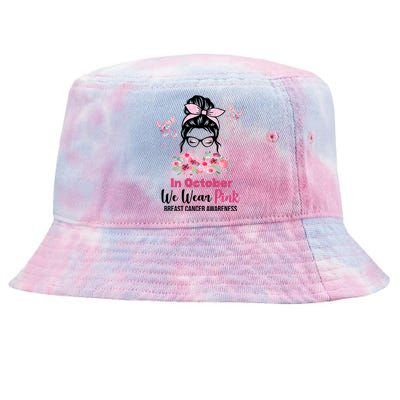 In October We Wear Pink Breast Cancer Messy Bun Floral Tie-Dyed Bucket Hat