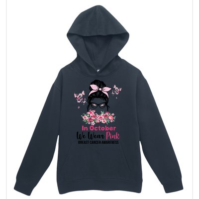 In October We Wear Pink Breast Cancer Messy Bun Floral Urban Pullover Hoodie