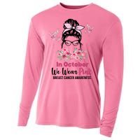 In October We Wear Pink Breast Cancer Messy Bun Floral Cooling Performance Long Sleeve Crew