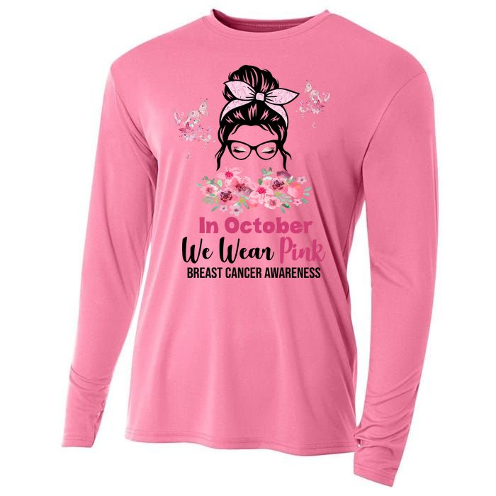 In October We Wear Pink Breast Cancer Messy Bun Floral Cooling Performance Long Sleeve Crew