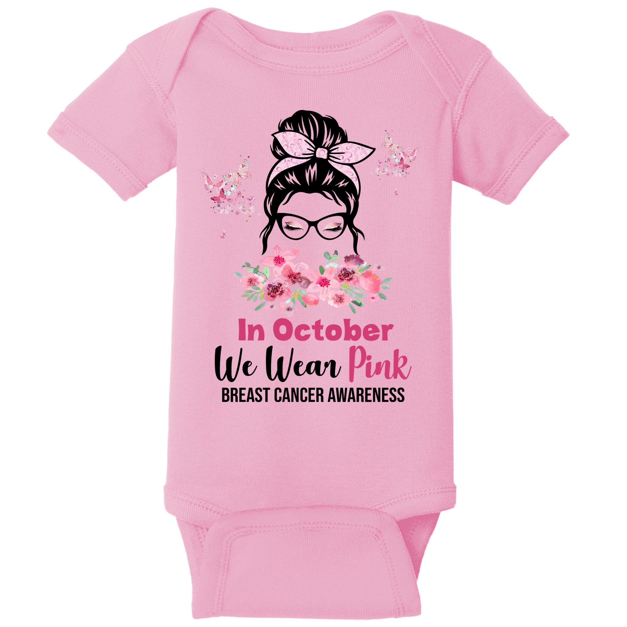 In October We Wear Pink Breast Cancer Messy Bun Floral Baby Bodysuit