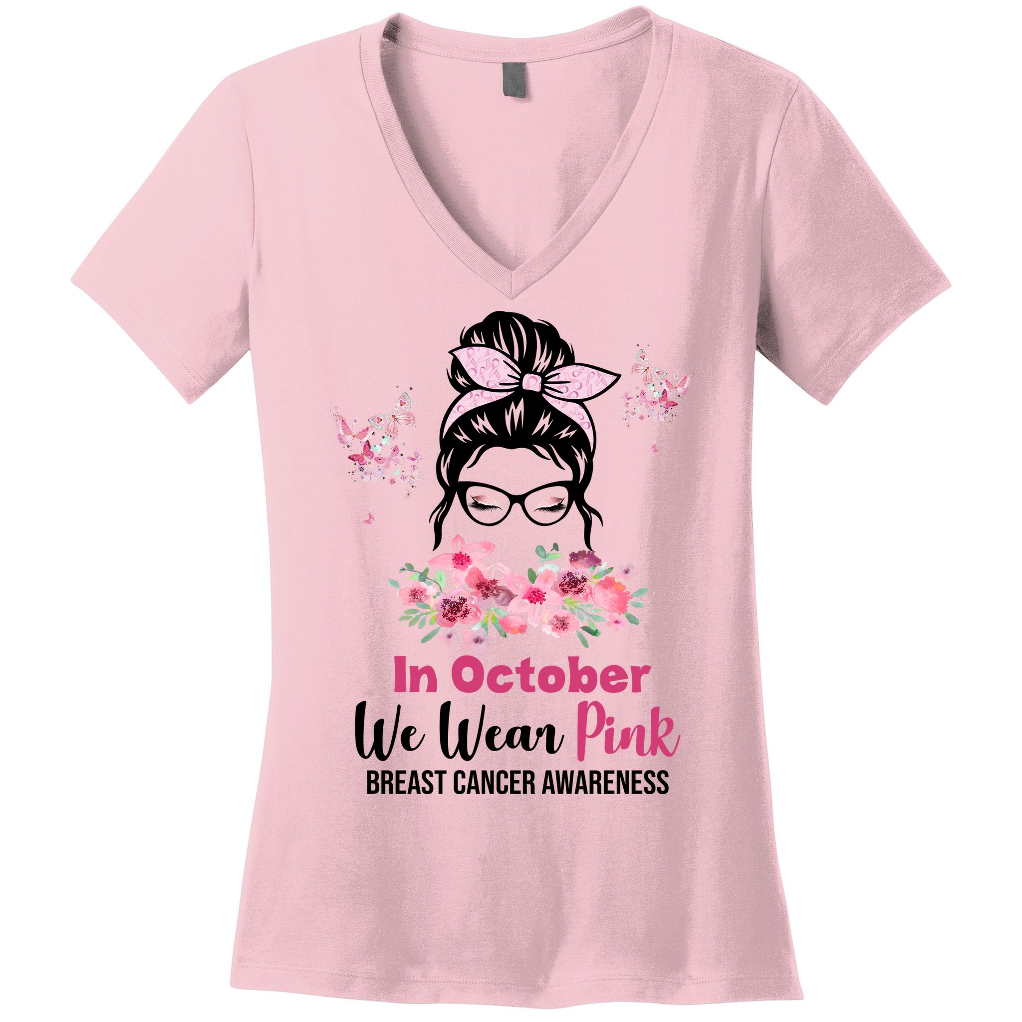In October We Wear Pink Breast Cancer Messy Bun Floral Women's V-Neck T-Shirt