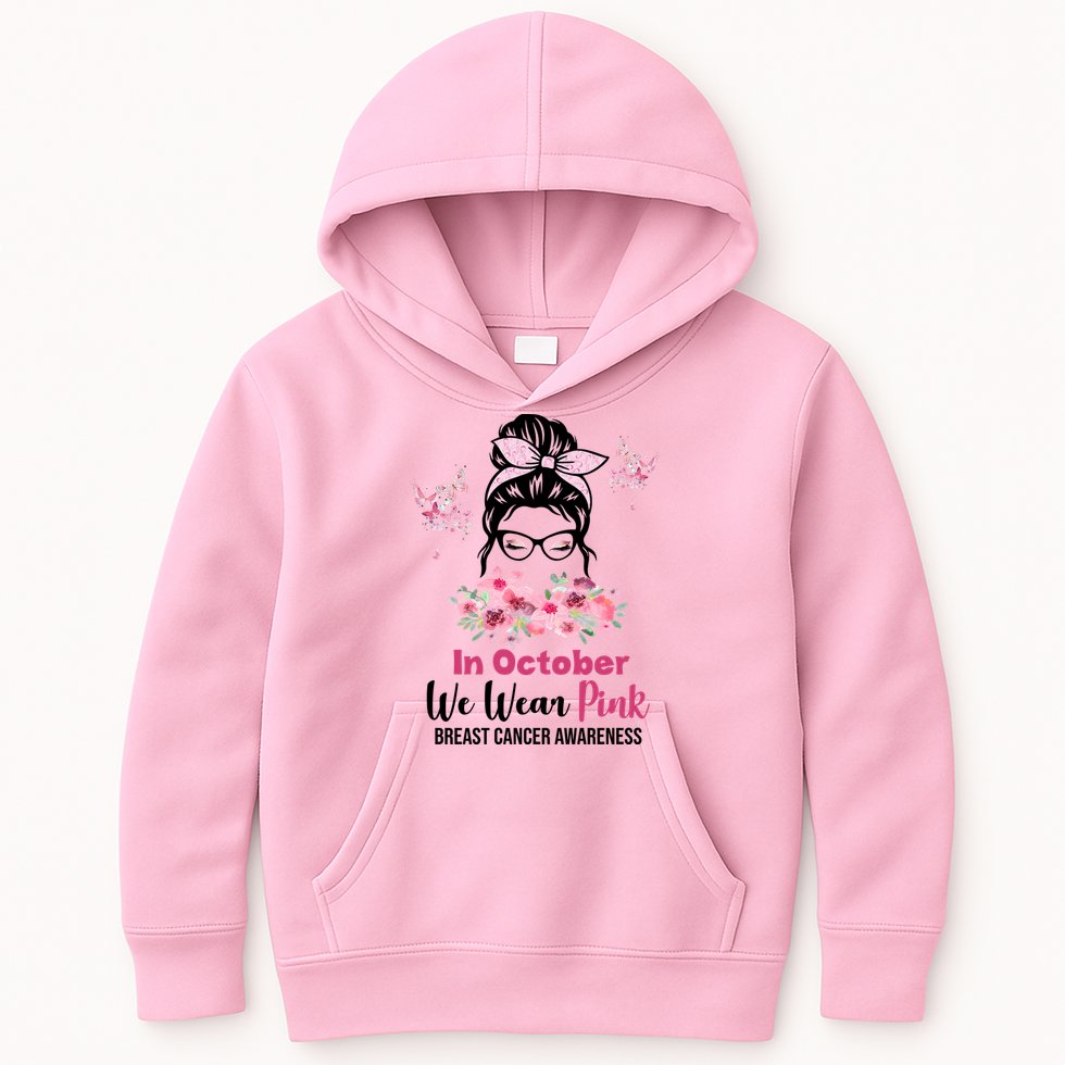 In October We Wear Pink Breast Cancer Messy Bun Floral Kids Hoodie